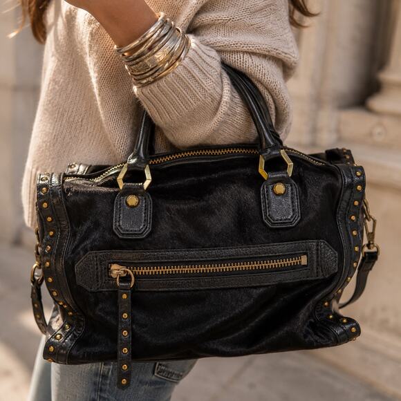 orYANY Handbags - OrYany Black Leather Cowhide Studded Satchel Crossbody Y2K Boho Bag